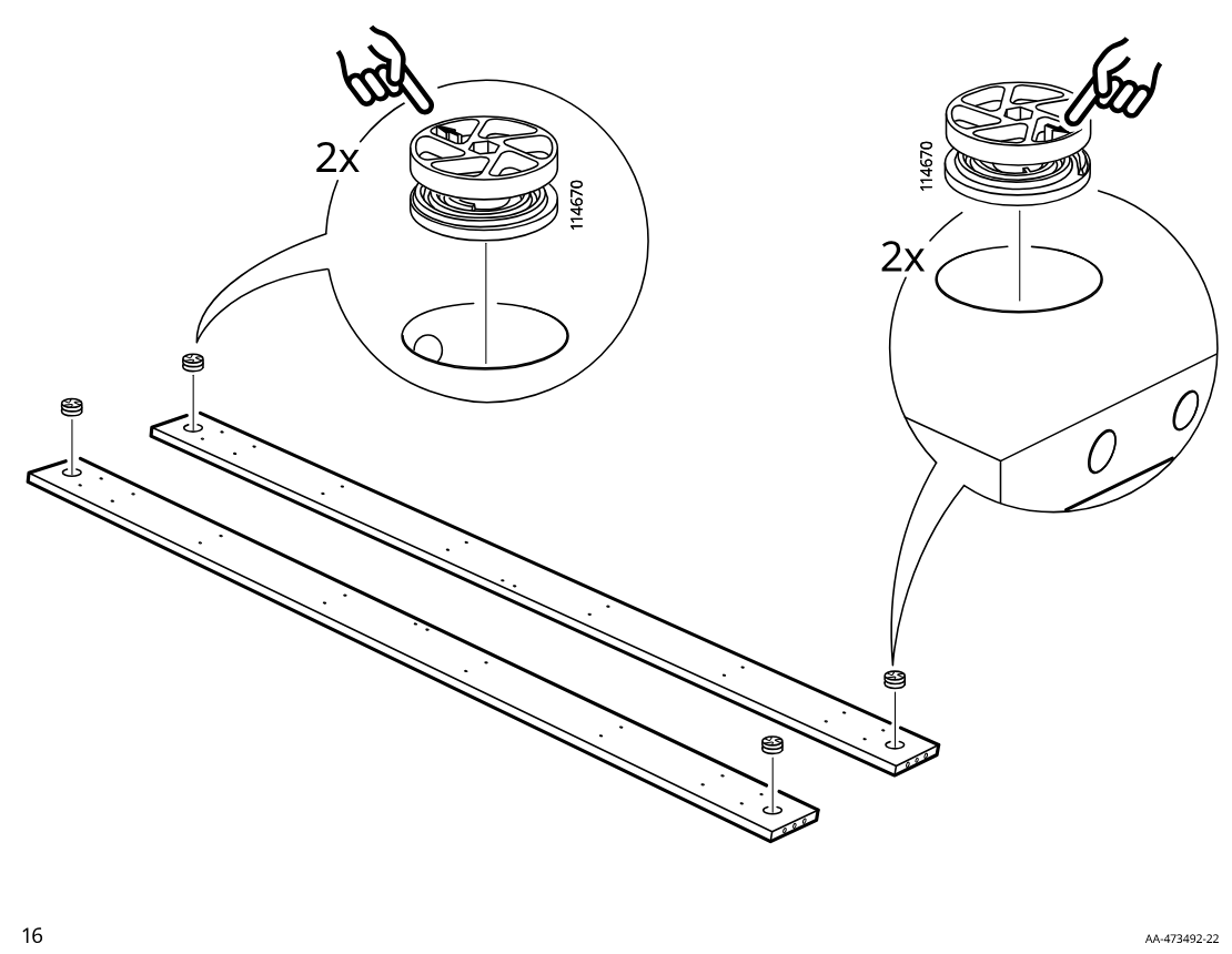 Diagram for step 18: Two long boards each receive two cam locks 114670 inserted into the end holes and pressed into place by hand.