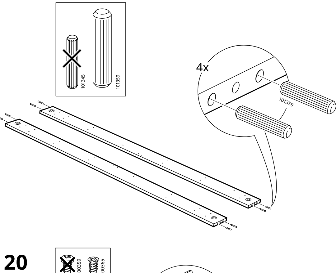 Diagram for step 19: Insert four 101359 dowels into the indicated holes on the two long rails, with the inset showing the correct dowel type versus the crossed-out alternative.