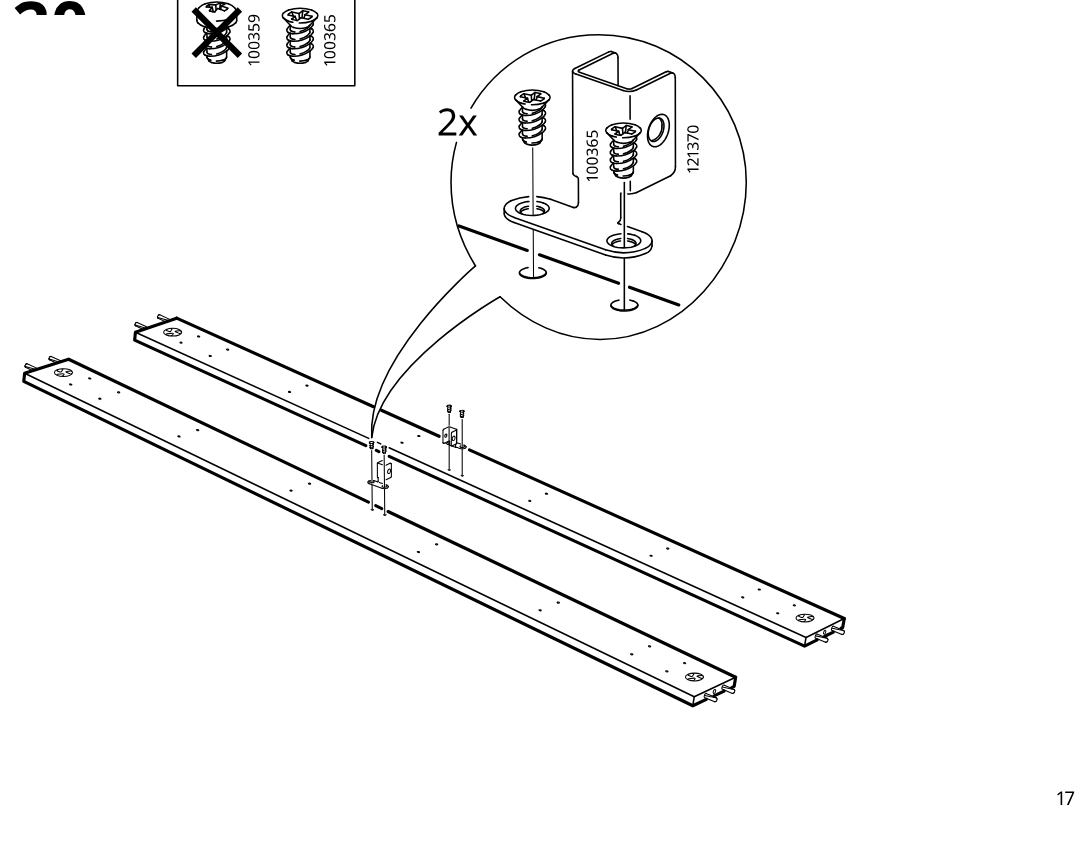 Diagram for step 20: Attach bracket 121370 to the two rails using two 100365 screws, with the inset indicating to use 100365 and not the crossed-out screw type.