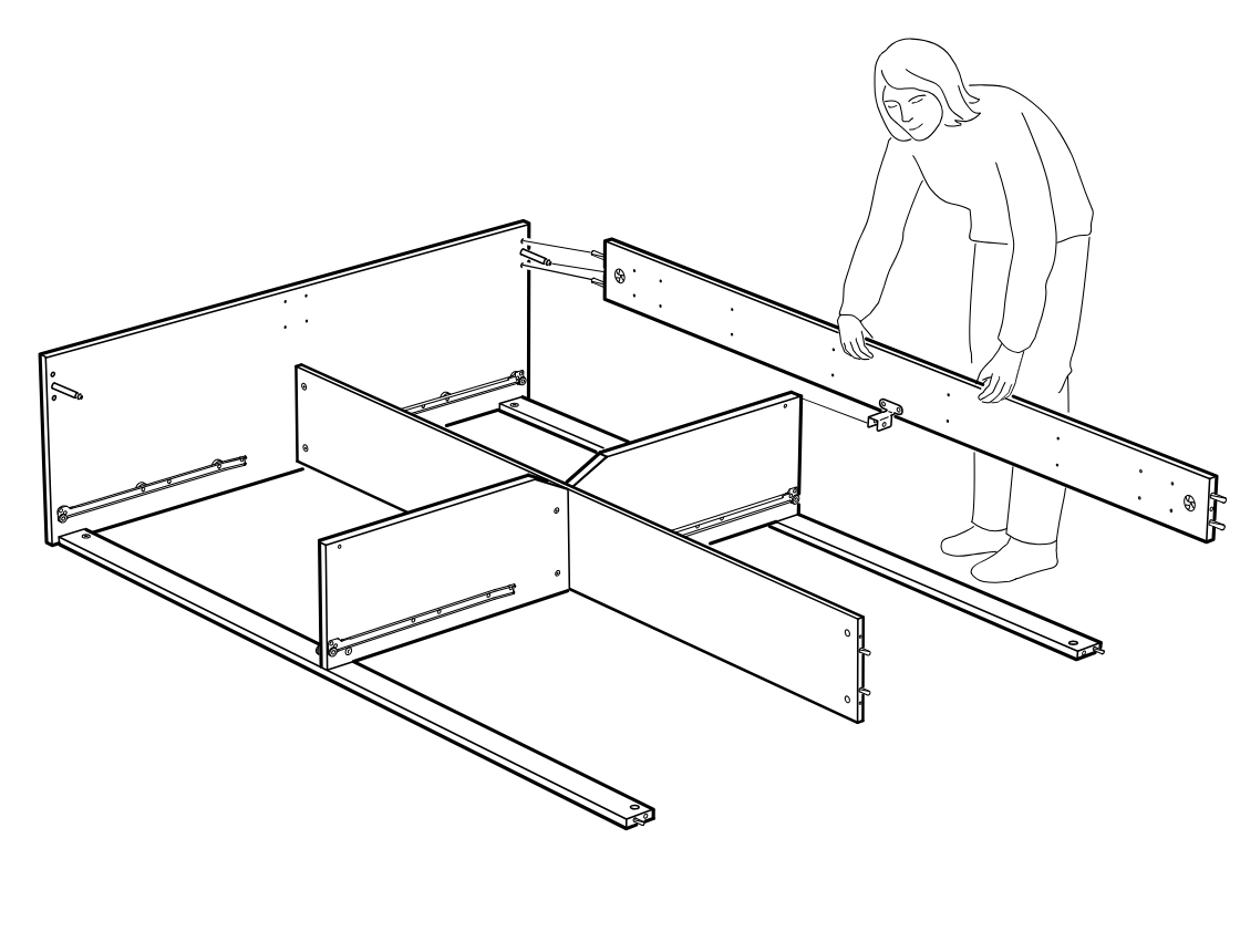 Diagram for step 21: The assembler aligns and attaches the long side panel onto the partially assembled frame with internal divider panels and rails.