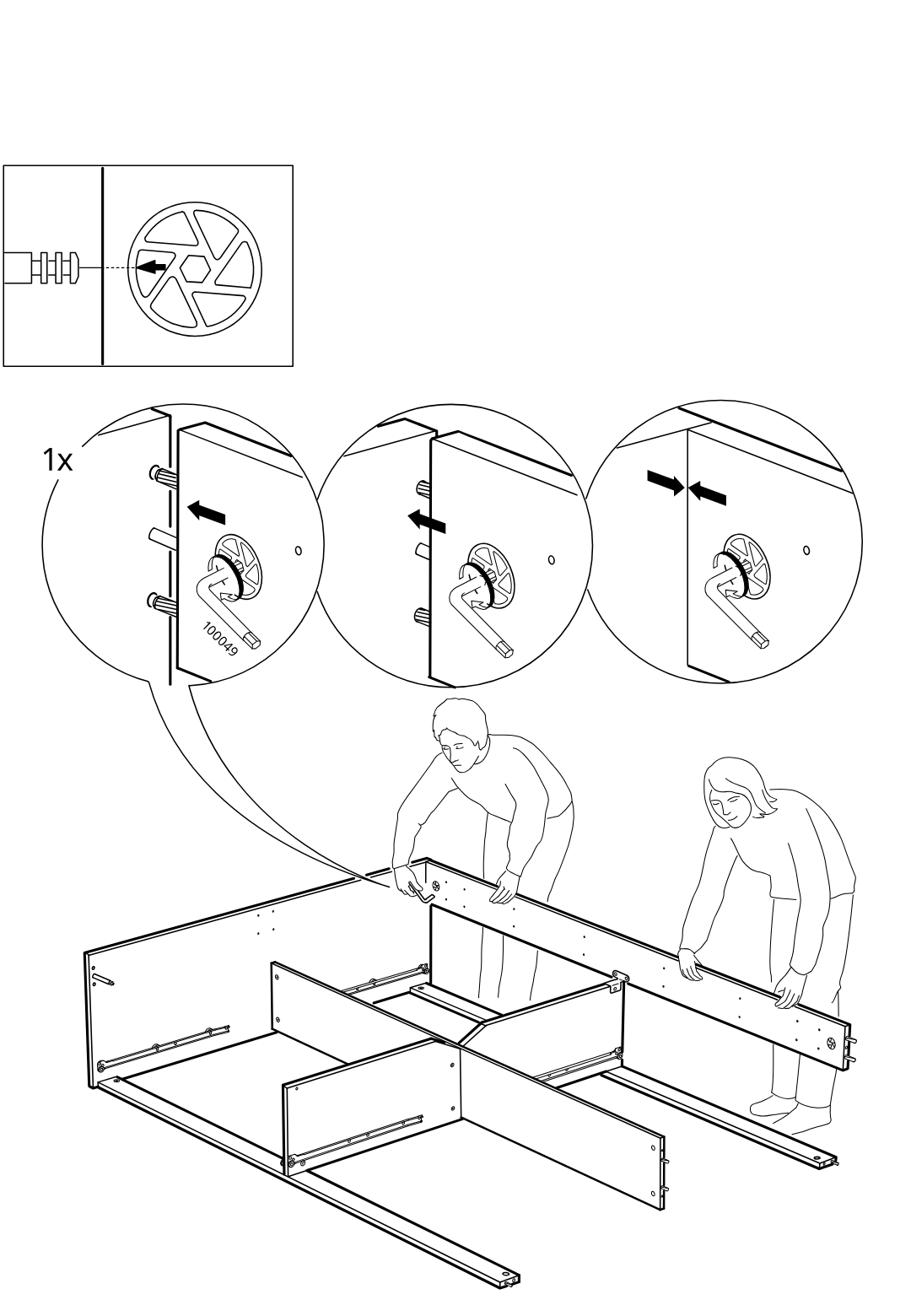 Diagram for step 22: Two people position and join a long side panel onto the cabinet base and internal dividers, then tighten the cam lock with the included hex key as shown in the zoom callouts.