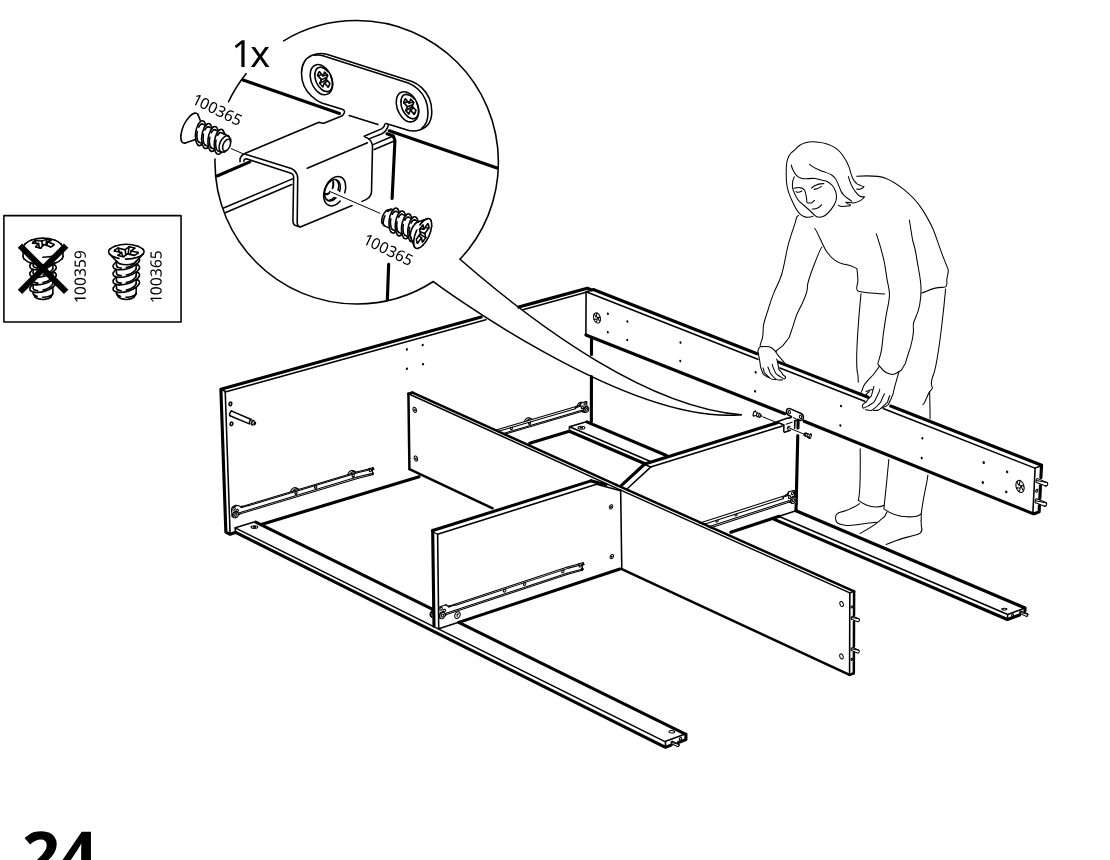 Diagram for step 23: The person positions and aligns the long side panel onto the frame, with a zoom callout specifying to use screw 100365 (1x) and not 100359.