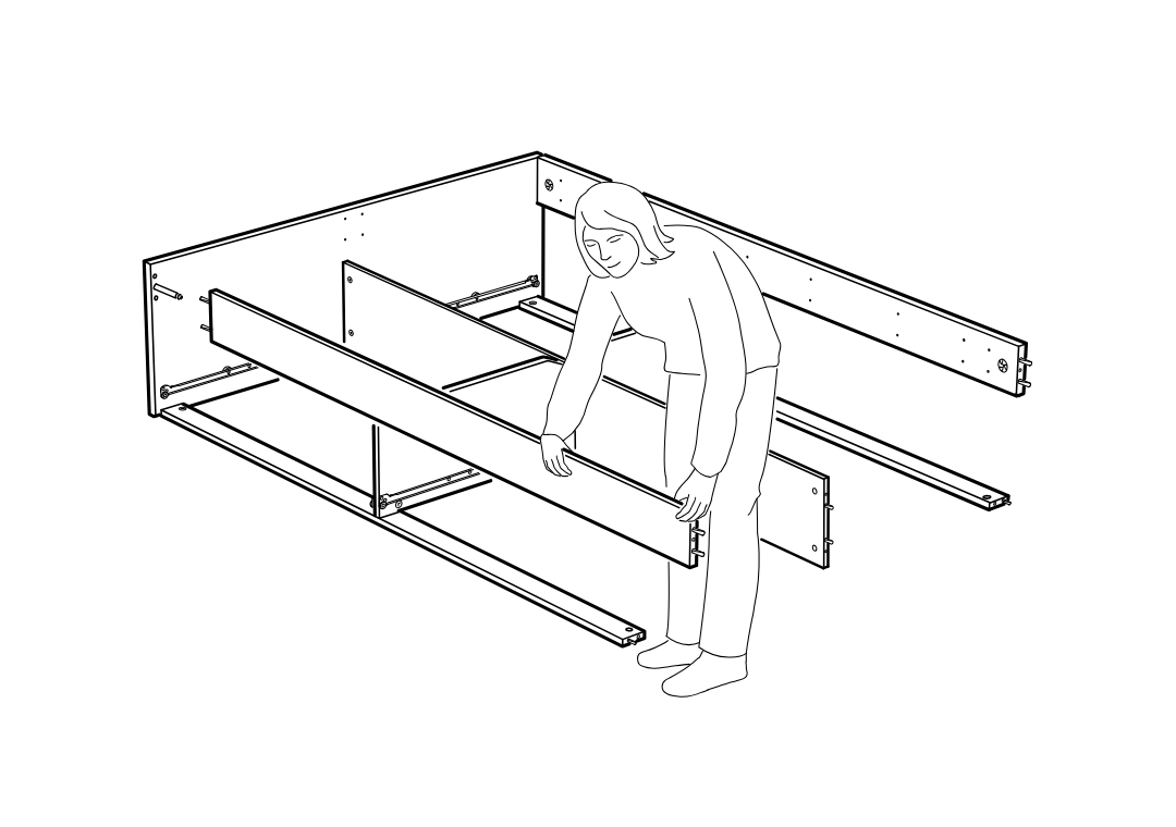 Diagram for step 24: The person lowers and aligns the remaining long panel into place on the partially assembled frame.