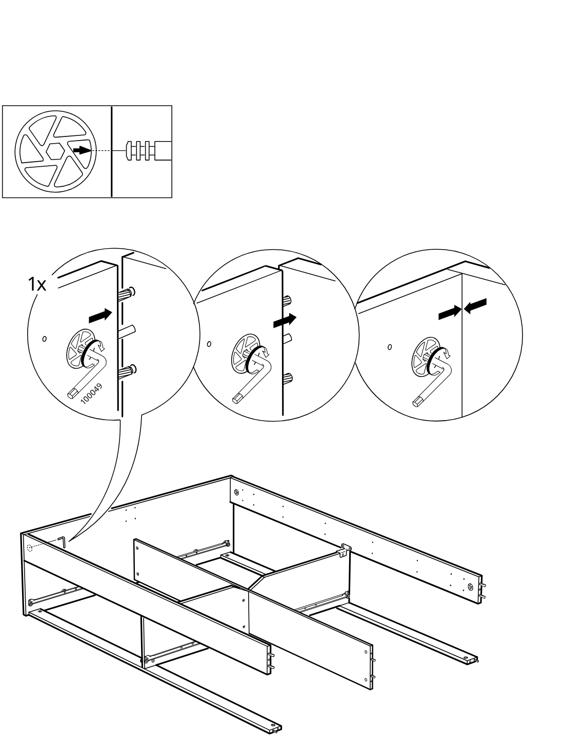 Diagram for step 25: The frame sections are drawn together and locked by turning one cam lock with the included hex key, as shown in the three zoom callouts and the cam-orientation inset.