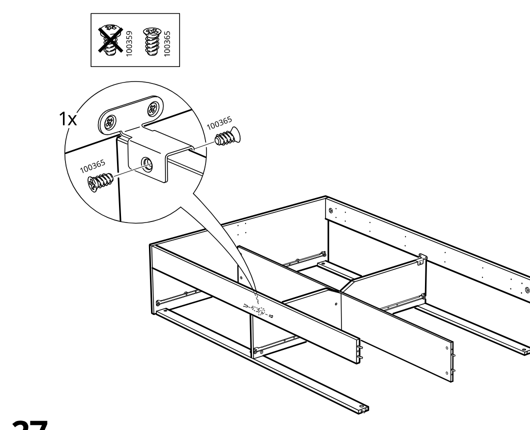 Diagram for step 26: One screw type is selected and driven into the bracketed side rail connection, as shown in the zoom callout, to secure the frame section.