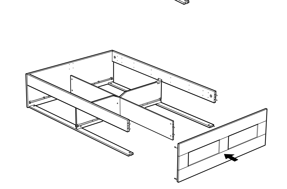 Diagram for step 27: The front panel is aligned and slid into position onto the assembled frame in the indicated direction.