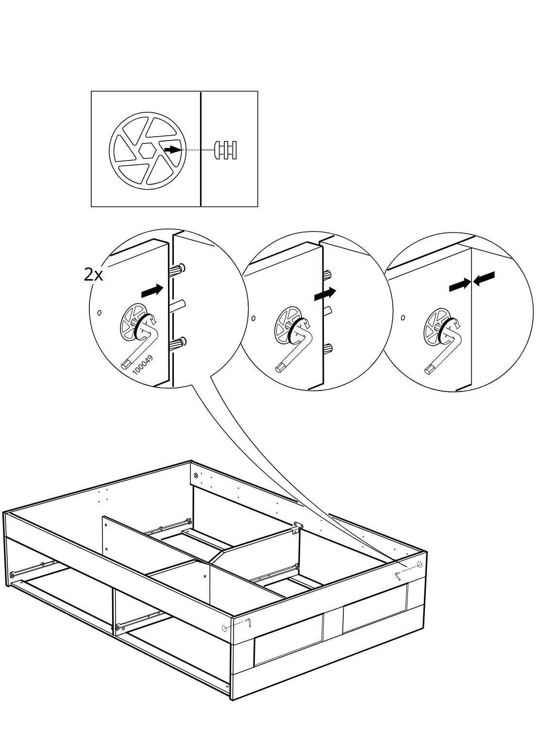 Diagram for step 28: The cam locks are tightened in two places to pull the side panel tightly together, as shown in the zoom sequence and applied to the frame below.