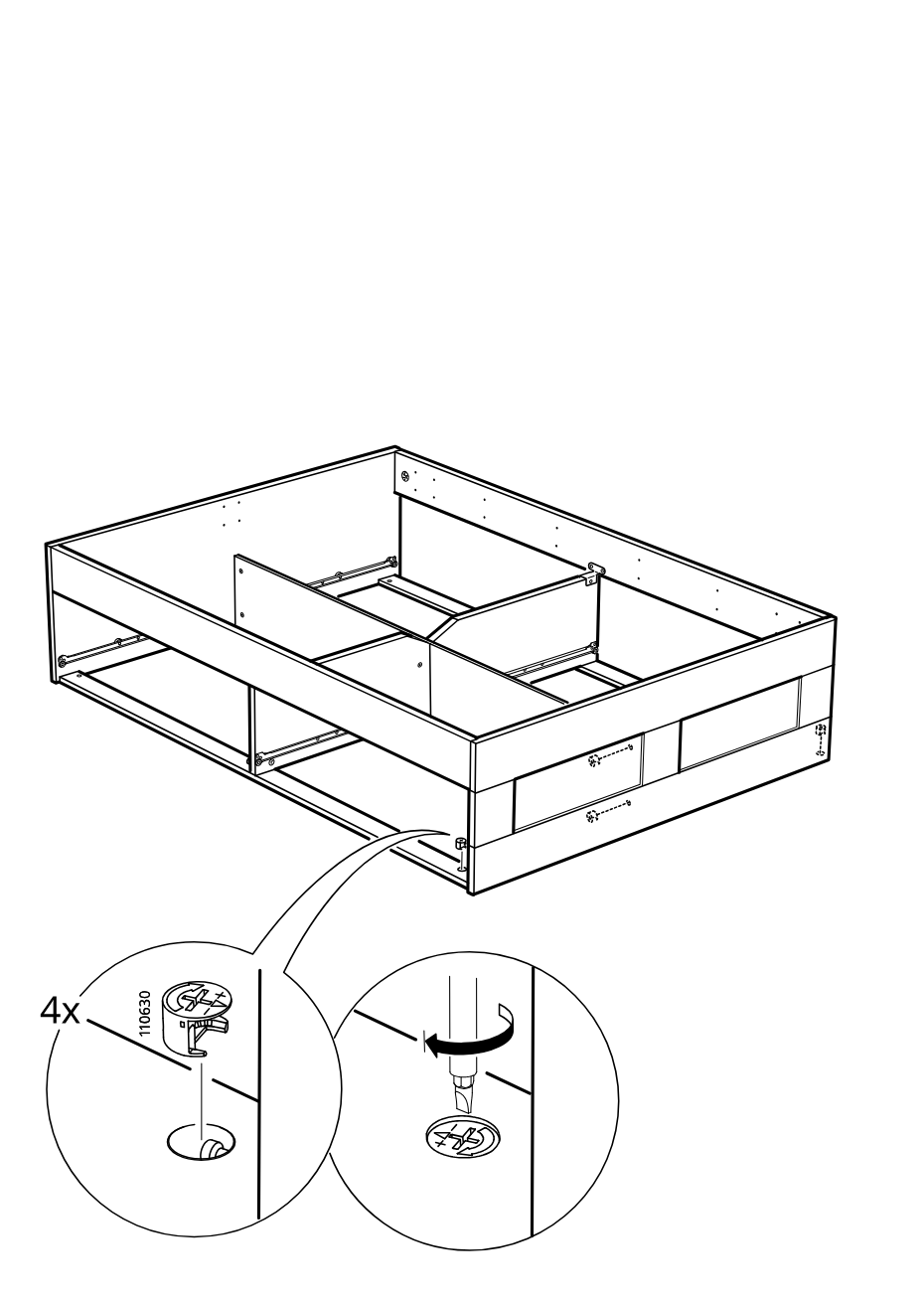Diagram for step 29: The cam locks are inserted and then turned to secure the frame, shown with two zoom callouts for placement and rotation.