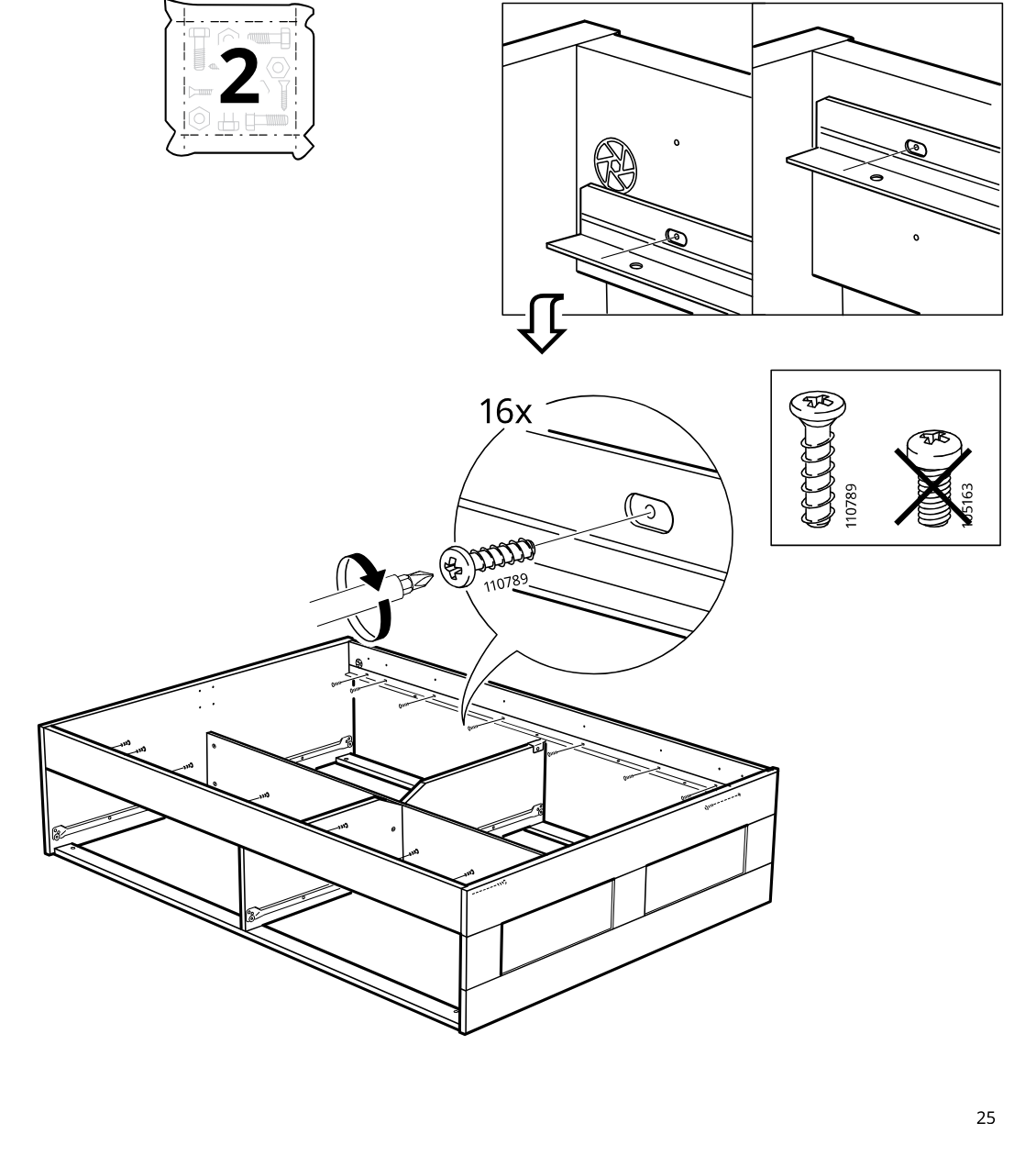 Diagram for step 30: Insert and tighten sixteen 110789 screws into the inner frame rails using a screwdriver, as shown in the zoom callout, while avoiding screw type 105163.