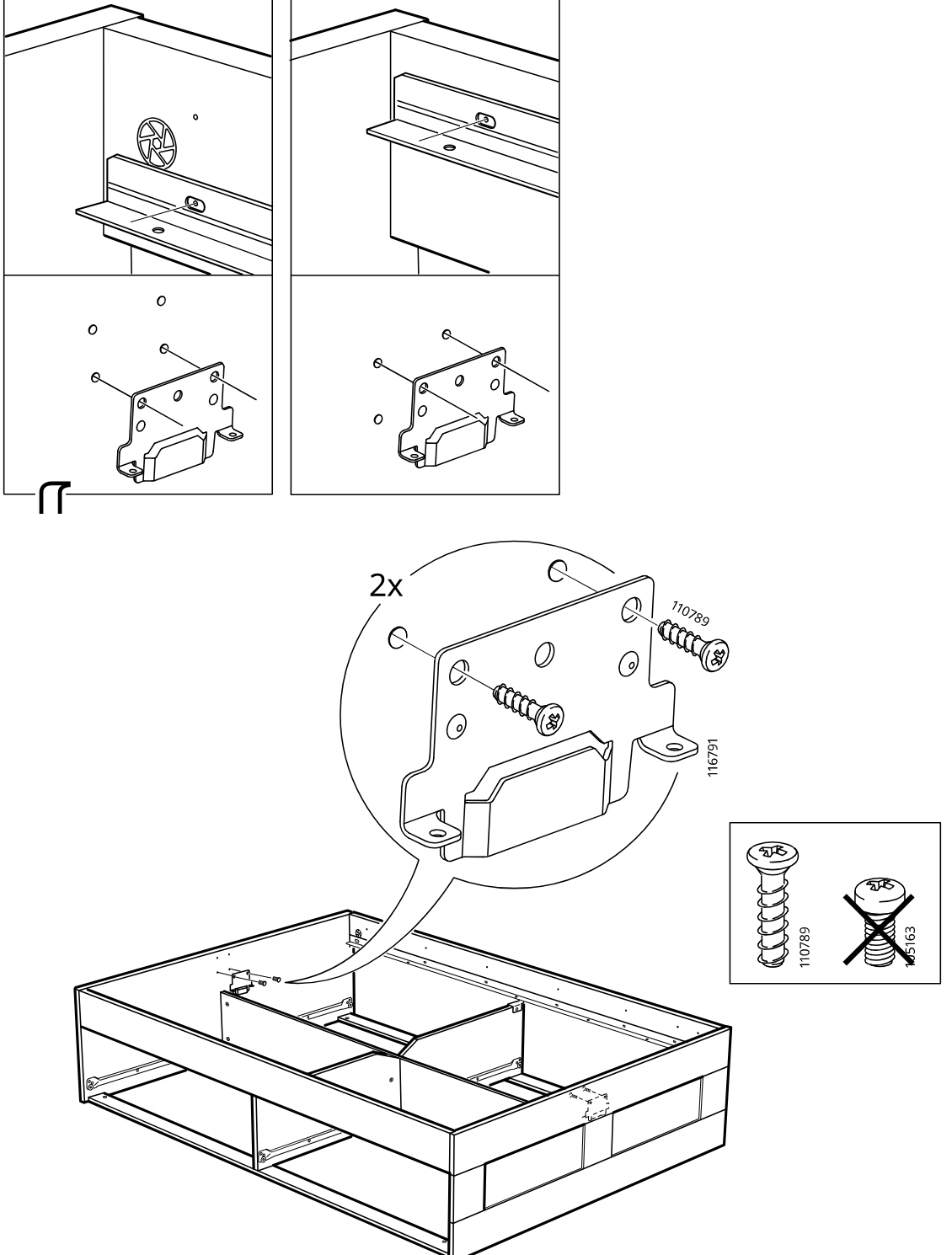 Diagram for step 31: Secure the metal bracket to the inner frame using two screws, following the shown orientation and using the correct screw type.