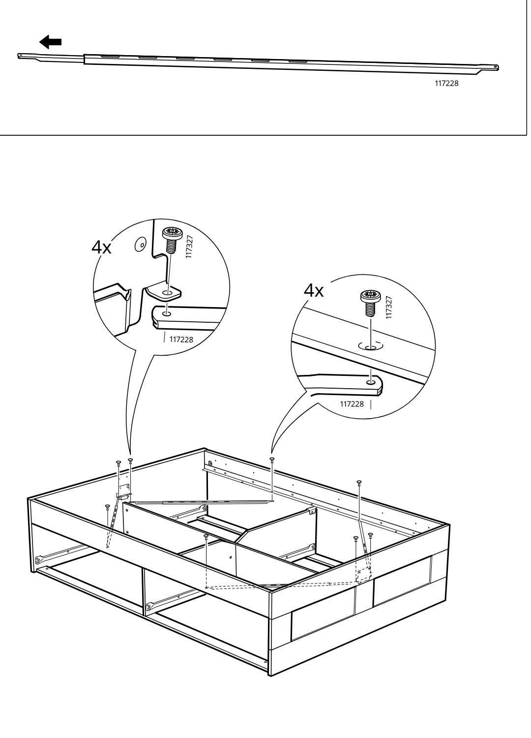 Diagram for step 32: Attach part 117228 to the bed frame using four screws 117327, with two zoom callouts showing the screw positions and fastening detail.