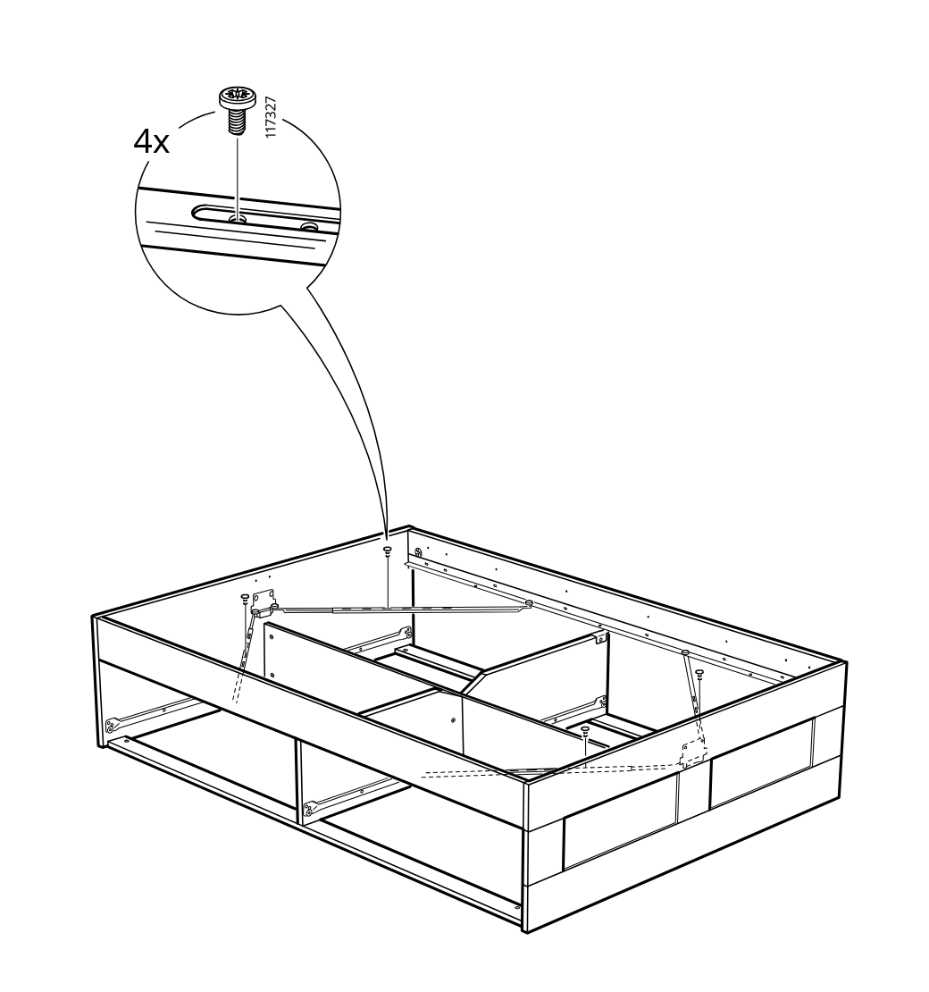 Diagram for step 33: Insert and tighten four screws (117327) into the frame corners while keeping the frame square, as shown by the zoomed detail and guide arrows.