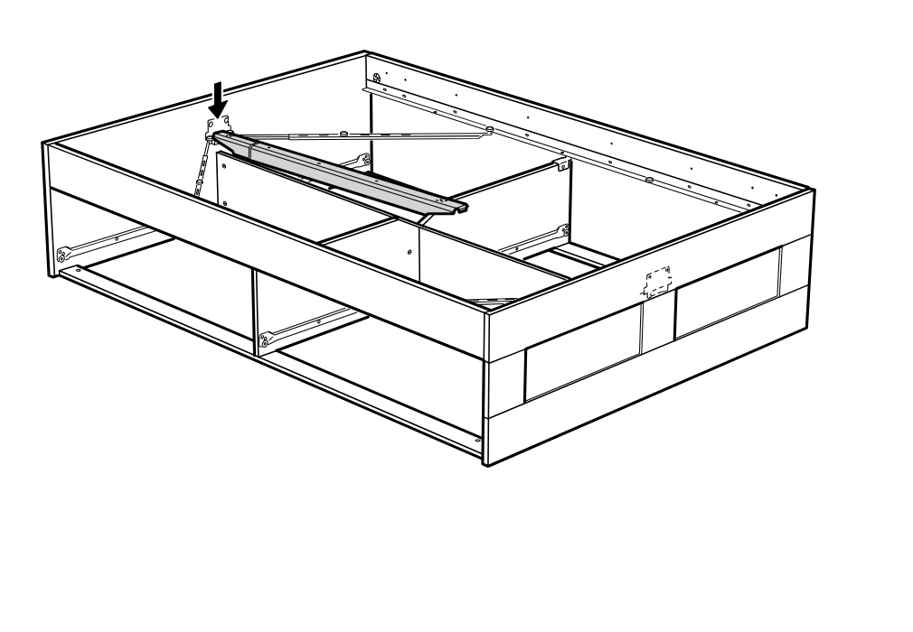Diagram for step 34: The gas lift mechanism is positioned and lowered onto the left-side mounting point inside the bed frame.