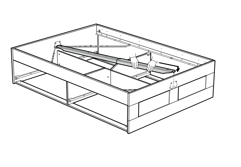 Diagram for step 35: The mechanism arm is pulled and guided down toward the right side to align it into place inside the frame.