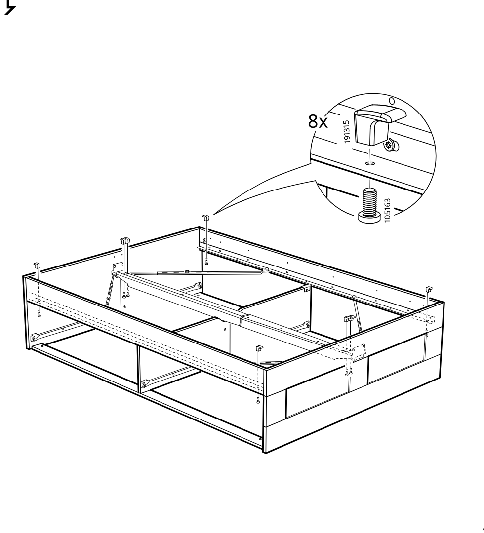 Diagram for step 36: Install eight 191315 clips onto the frame posts and insert 105163 threaded fasteners at the indicated points around the bed frame.