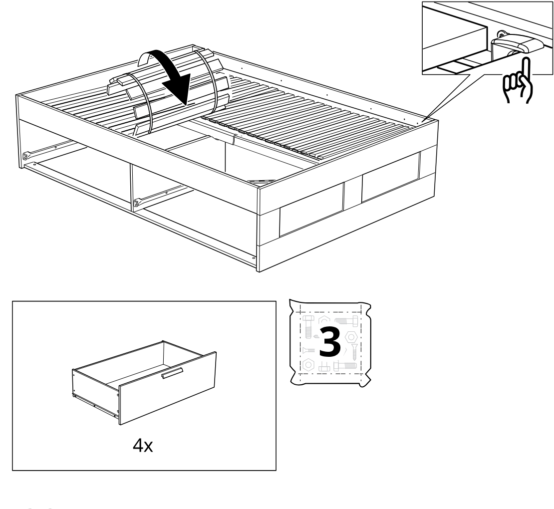 Diagram for step 37: The slatted bed base is unrolled and positioned onto the bed frame, with the inset indicating alignment at the corner.