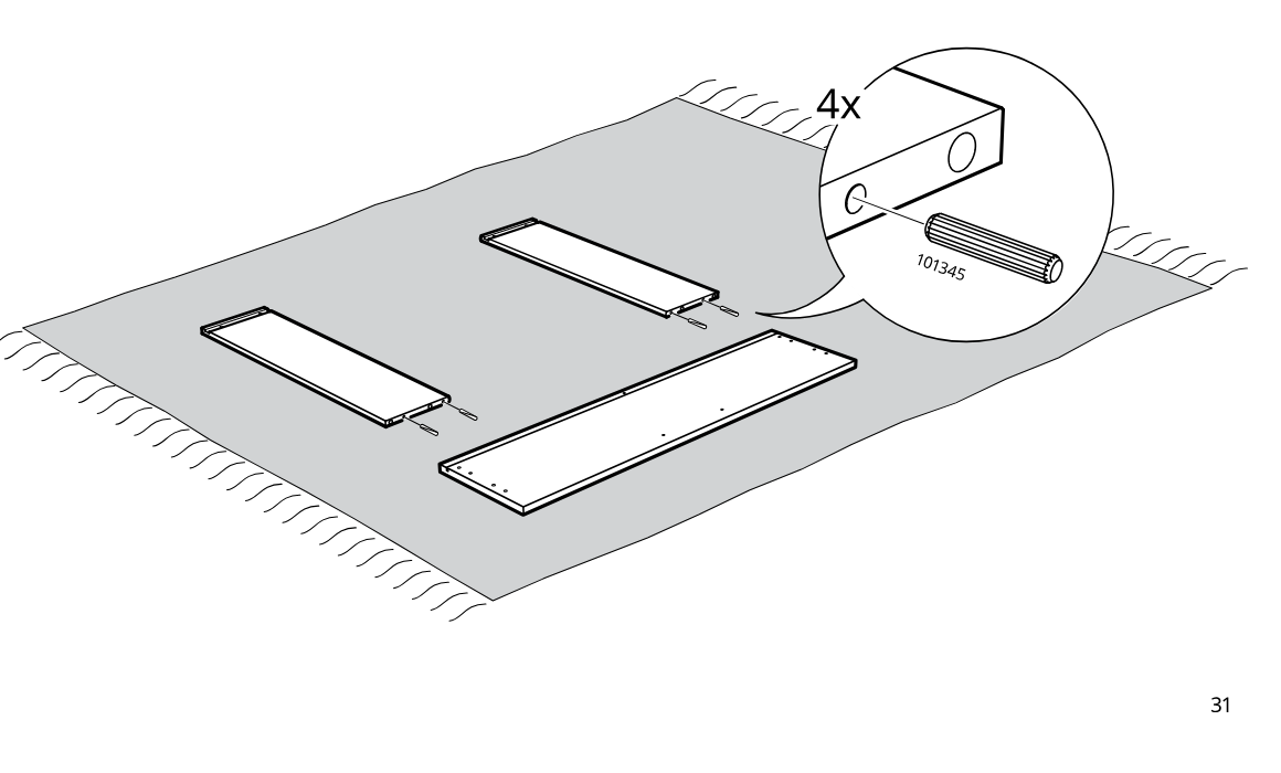 Diagram for step 38: Four dowels (part 101345) are inserted into the panel edge holes while the drawer components are laid out on a soft surface.