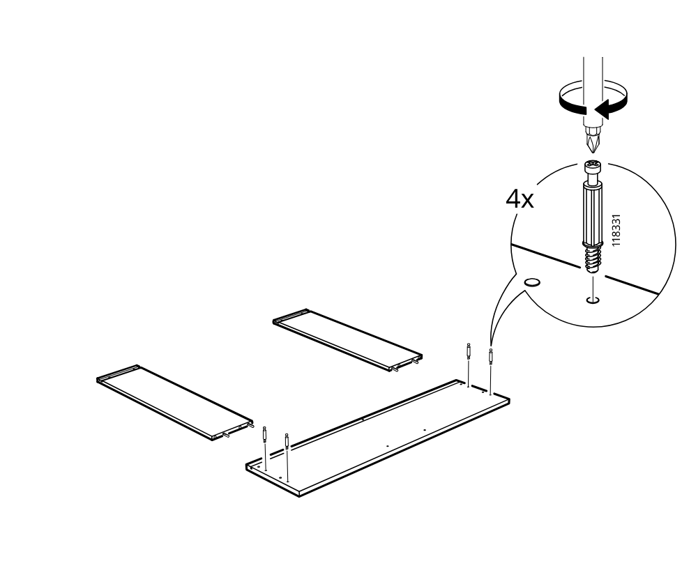 Diagram for step 39: The user screws four 118331 fasteners into the base panel and positions the two side panels for assembly.