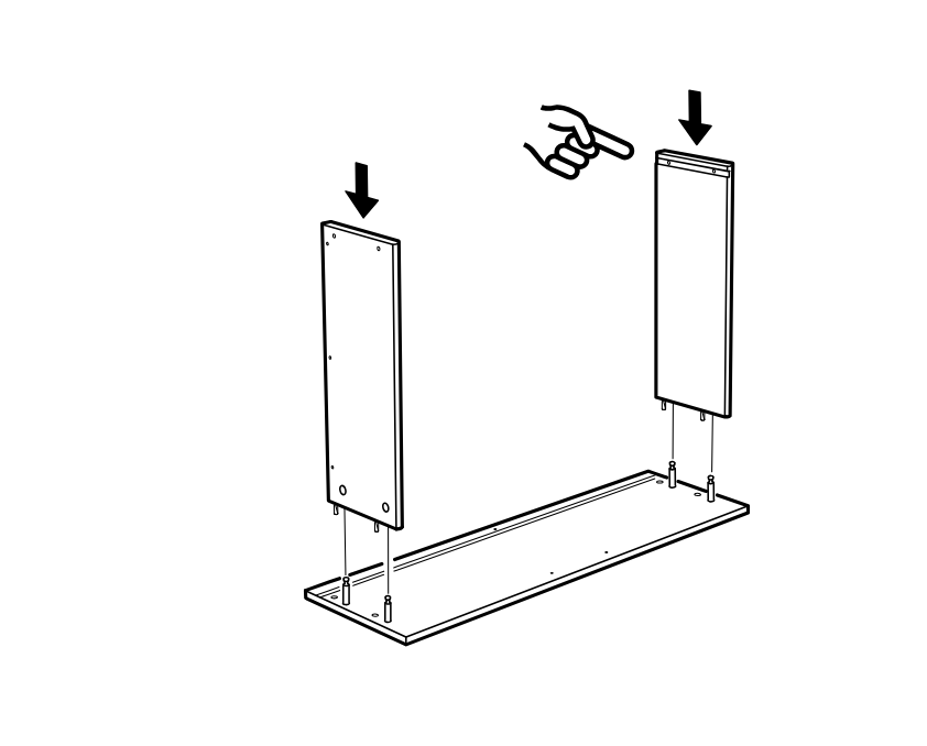 Diagram for step 40: The two upright side panels are lowered onto the installed fasteners on the base, aligning with the indicated orientation.