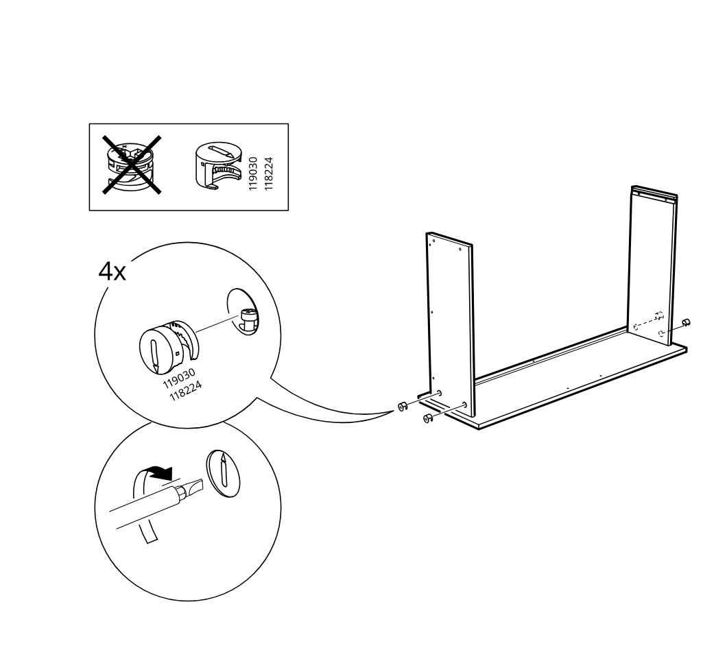 Diagram for step 41: Insert and lock four cam fittings into the side panels on the base, following the orientation shown in the zoom callouts.