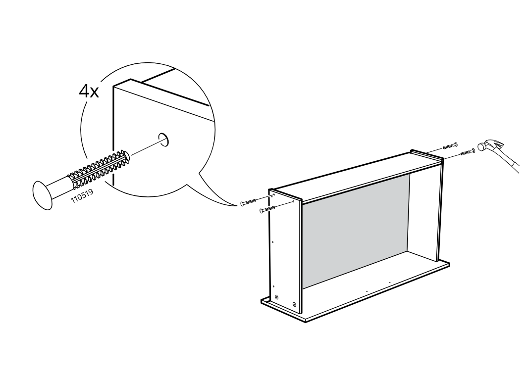 Diagram for step 44: The screws 110519 are inserted into the side panel holes and tightened with a hammer-assisted fit, four times, to secure the cabinet frame.