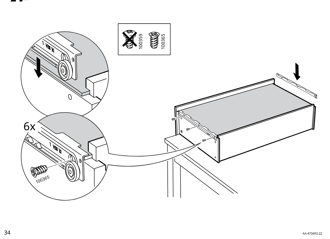 Diagram for step 45: The drawer is aligned onto the rails and lowered into place, then six screws 100365 are used (with 100359 excluded and 100365 confirmed) to fasten the drawer slide connection.