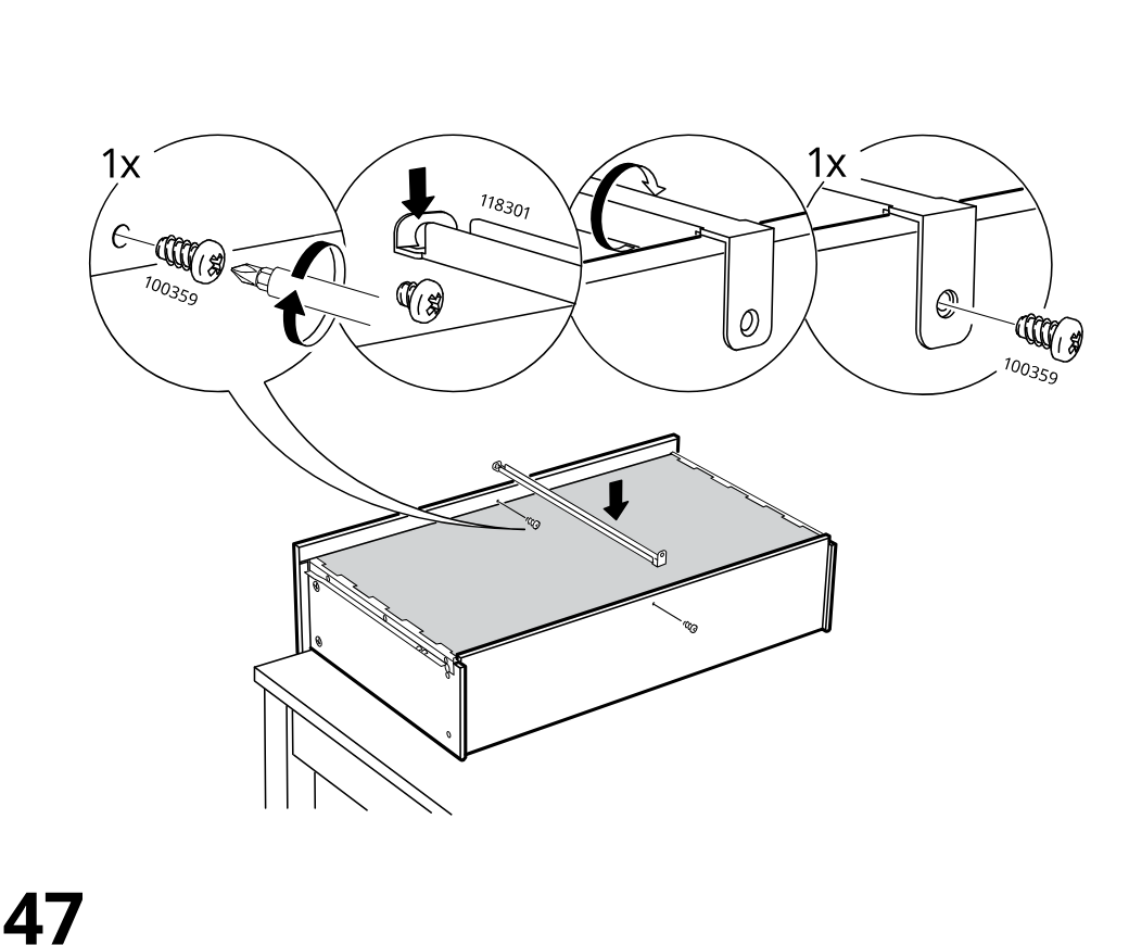Diagram for step 46: The drawer base is fitted with the rail/bracket piece and secured with one screw on each side as shown in the sequence of zoomed callouts.