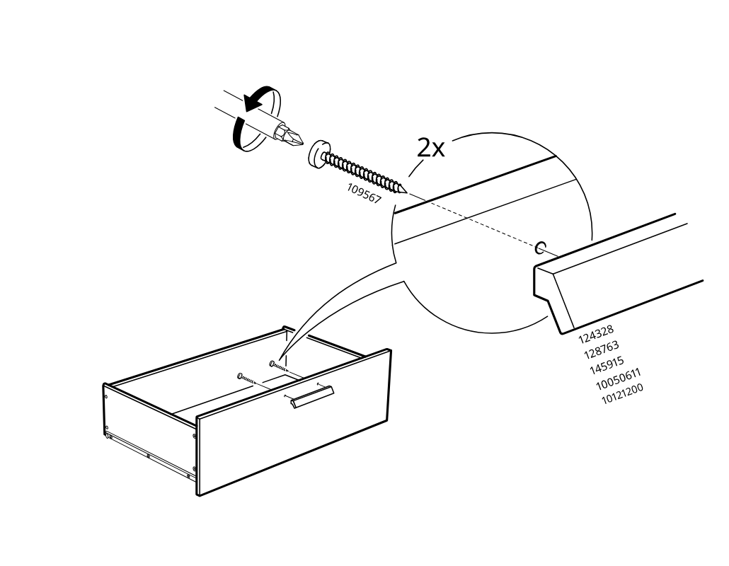 Diagram for step 47: Two screws are driven through the drawer front area into the side/front connection points, with the screw orientation and target edge shown in the zoom callout.