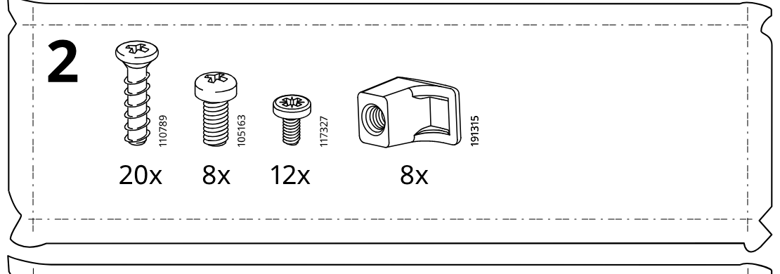 Illustration for assembly note: Parts-bag panel labeled 2 showing four hardware items with part IDs 110789, 105163, 117327, and 191315 and quantities 20x, 8x, 12x, and 8x.