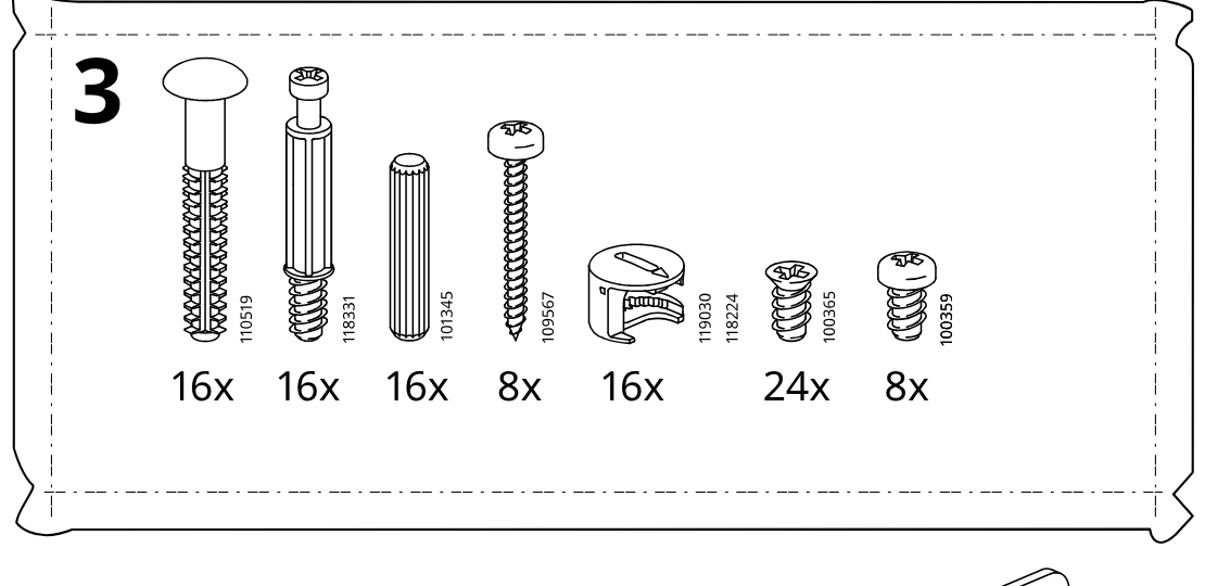 Illustration for assembly note: Parts-bag panel labeled 3 showing seven hardware items with part IDs 110519, 18331, 101345, 109567, 119030/118224, 100365, and 100359 with quantities 16x, 16x, 16x, 8x, 16x, 24x, and 8x.