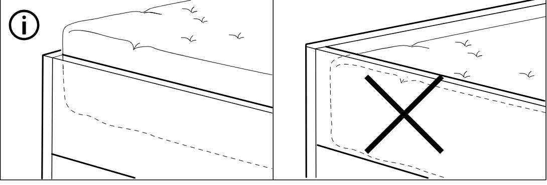 Illustration for assembly note: Information panel shows correct mattress orientation with the dashed edge aligned one way and the opposite orientation crossed out.