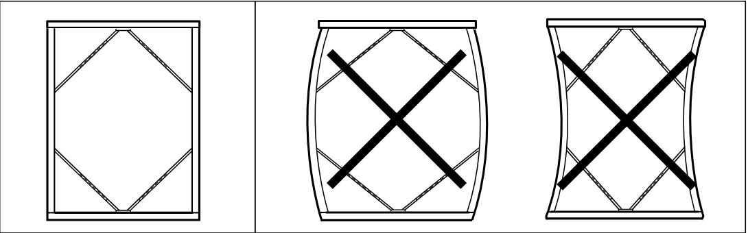 Illustration for assembly note: Top reference panel shows acceptable straight alignment and two incorrect bowed/twisted frame shapes marked with X.