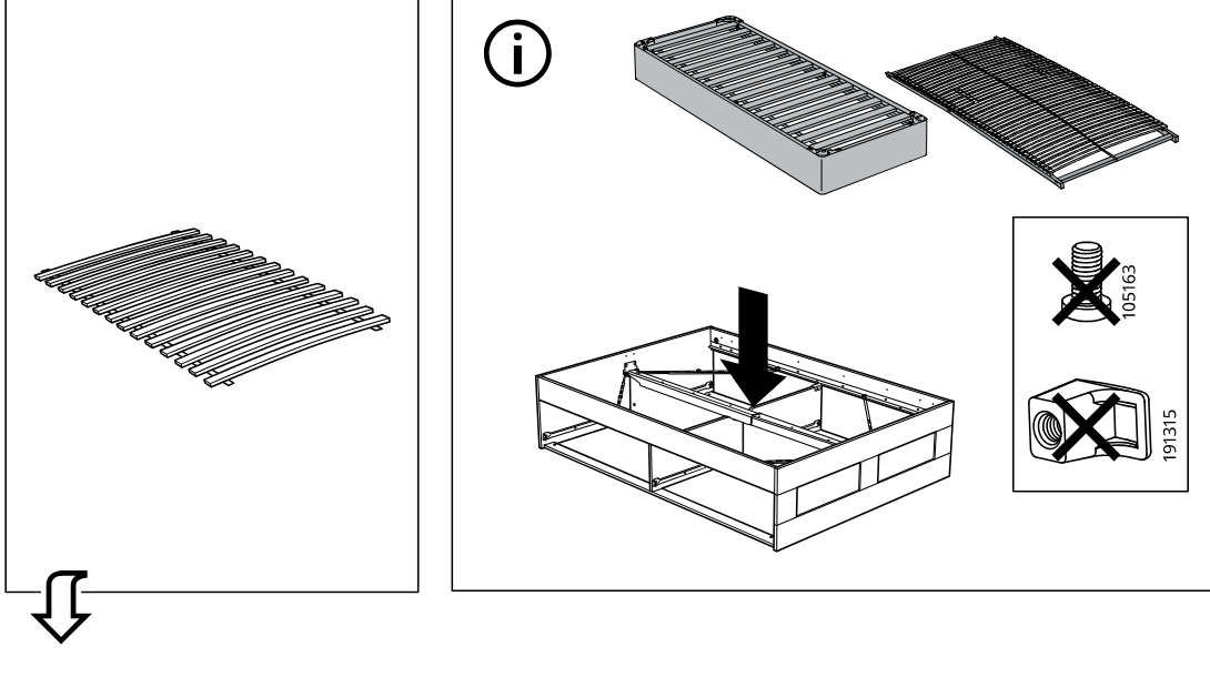 Illustration for assembly note: An information panel shows the slatted base being placed onto the bed frame and indicates that parts 105163 and 191315 must not be used in this operation.