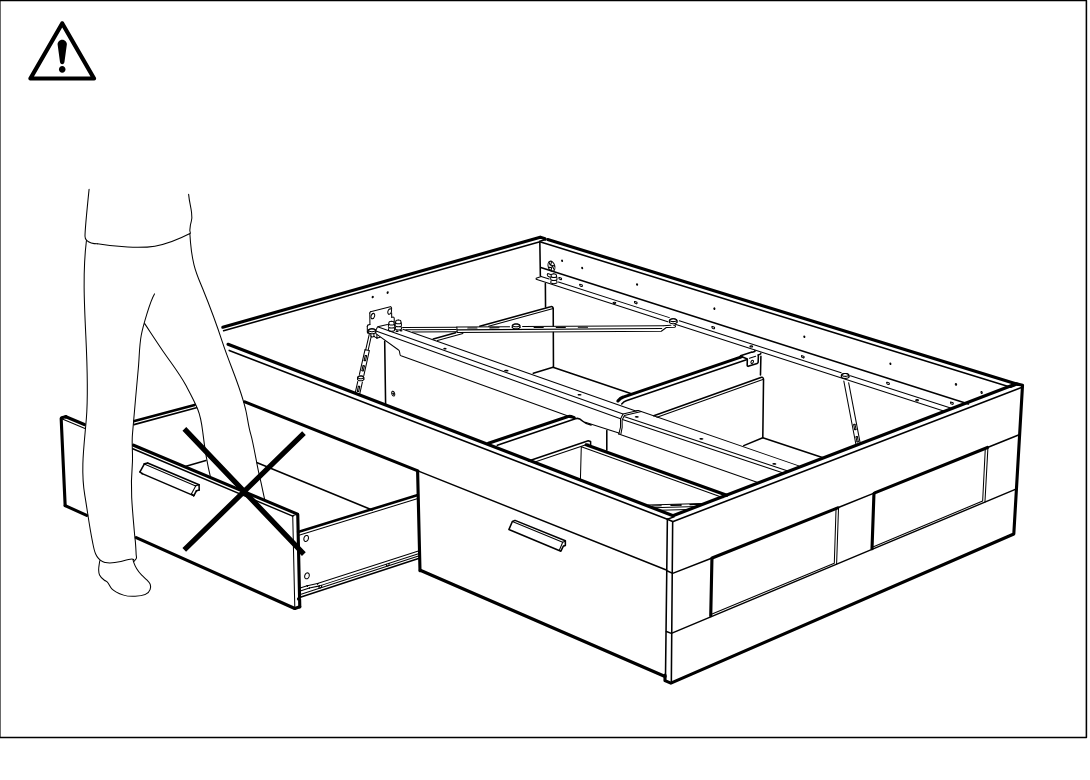 Illustration for assembly note: A caution panel shows that stepping into or onto the open drawer is not allowed.