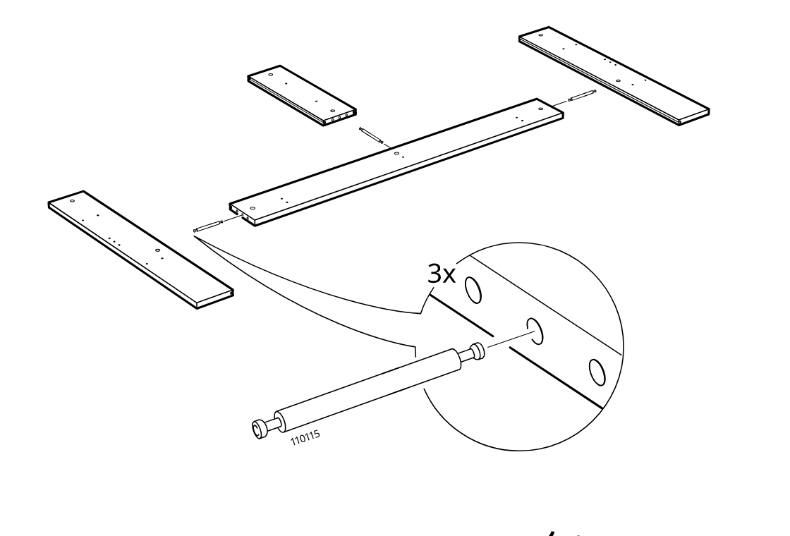 Diagram for step 1: Three connector bolts (110115) are inserted into the center long panel, then the side boards are aligned for joining as shown in the zoom detail.