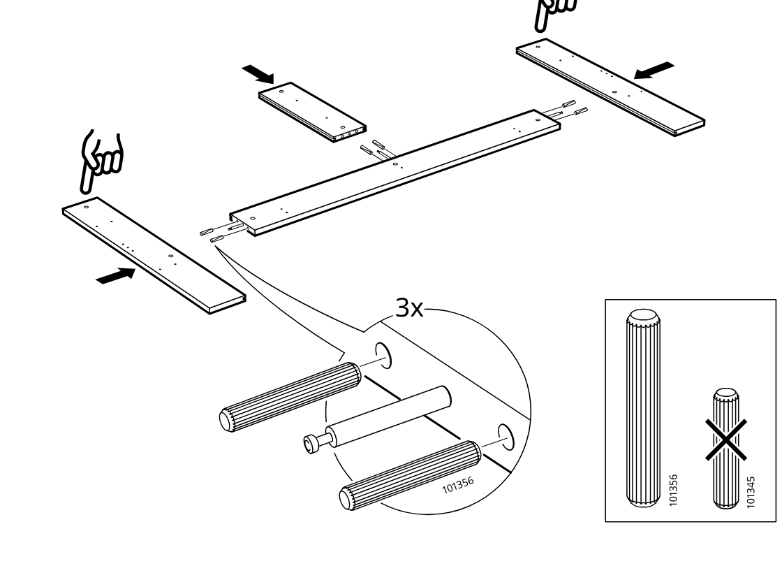 Diagram for step 2: Three ribbed dowels (101356) and one connector bolt are placed at each joint, and the side boards are pushed inward onto the center panel in the indicated orientation.