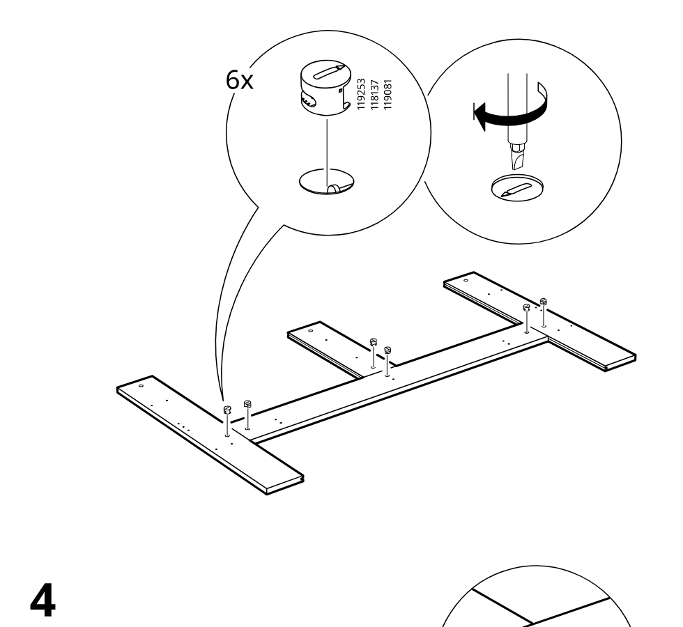 Diagram for step 3: Six cam locks are inserted into the predrilled holes and then tightened with a screwdriver to secure the cross pieces to the long board.
