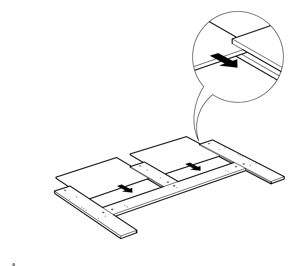Diagram for step 4: The panel sections are slid inward along the grooves between the frame boards, as indicated by the arrows and the zoom detail.