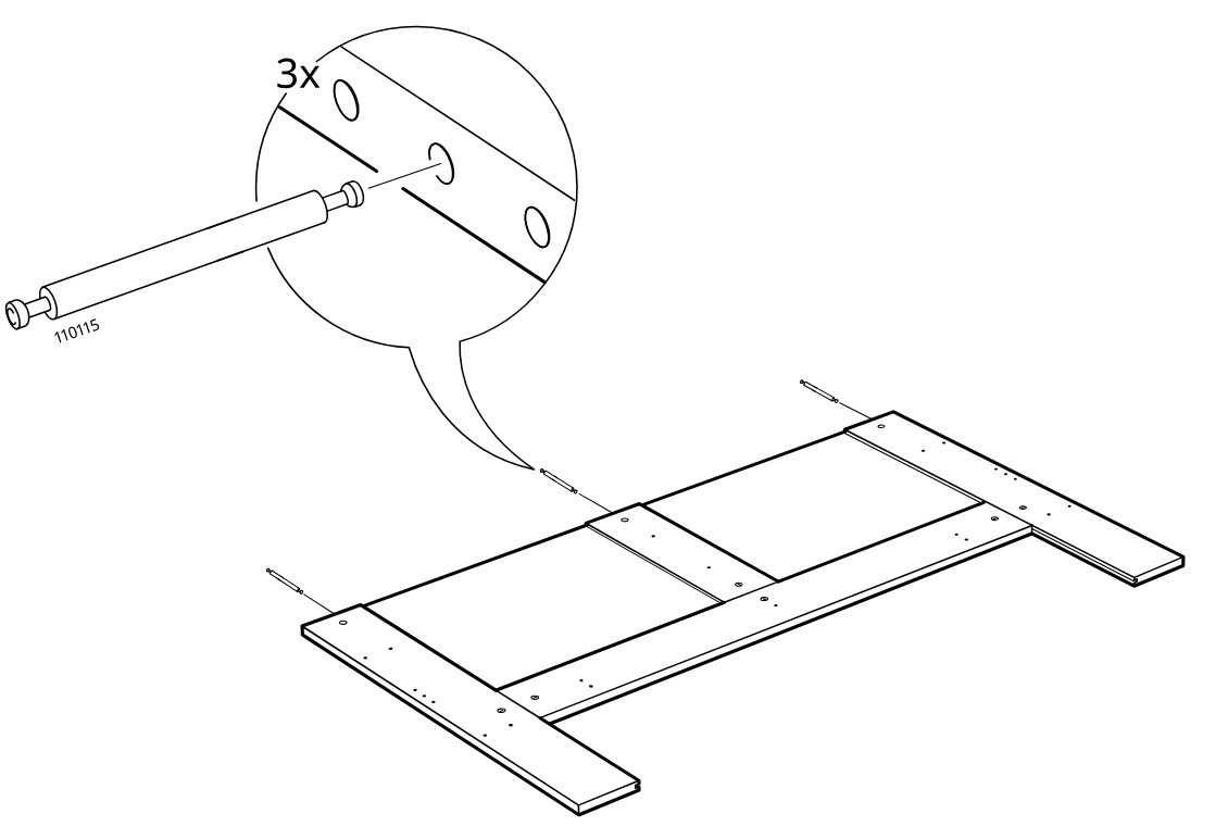 Diagram for step 5: Insert three cam pins (110115) into the predrilled holes of the frame assembly as shown in the zoom callout.