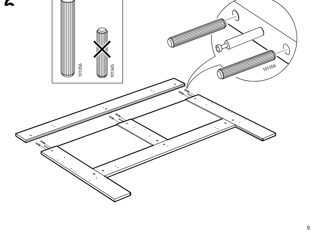 Diagram for step 6: Place the long rail onto the assembly and insert three long dowels (101356), not the short dowels (101345), into the indicated holes with the cam pin in the center.