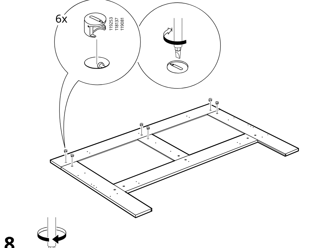 Diagram for step 7: The cam locks are inserted into the predrilled holes and turned with a screwdriver to lock them into the panel.