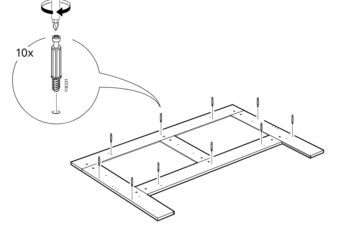 Diagram for step 8: Ten threaded connector bolts are screwed into the marked holes across the panel using a screwdriver.