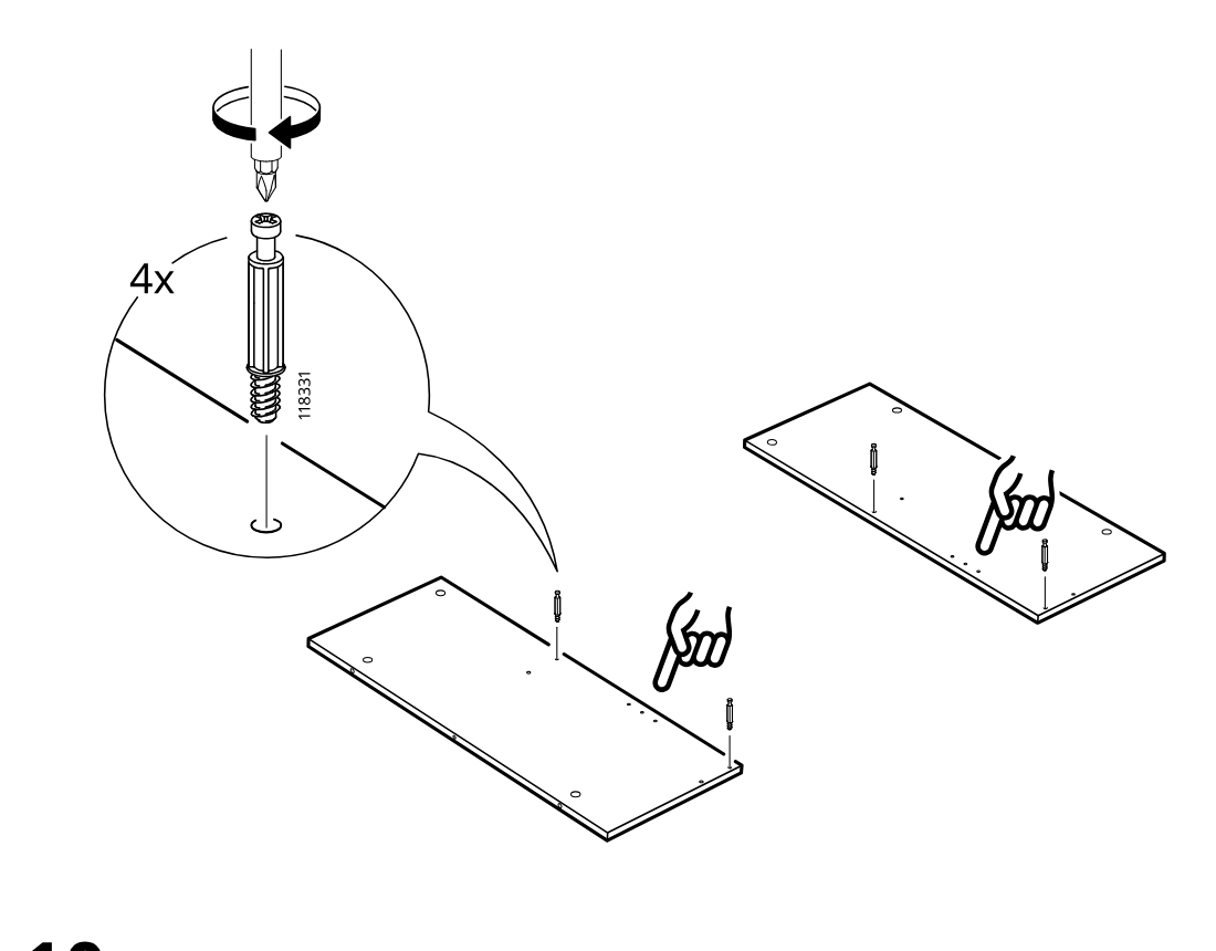 Diagram for step 9: The user screws four cam bolts (118331) into the marked holes on the large panel, using the finger-indicated positions shown in the two board views.