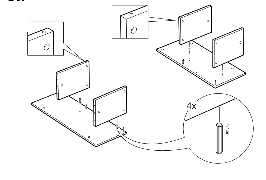 Diagram for step 10: The user inserts four wooden dowels (101345) and positions two vertical side panels onto the base panel, aligning edges and hole orientation as shown in the zoom callouts.