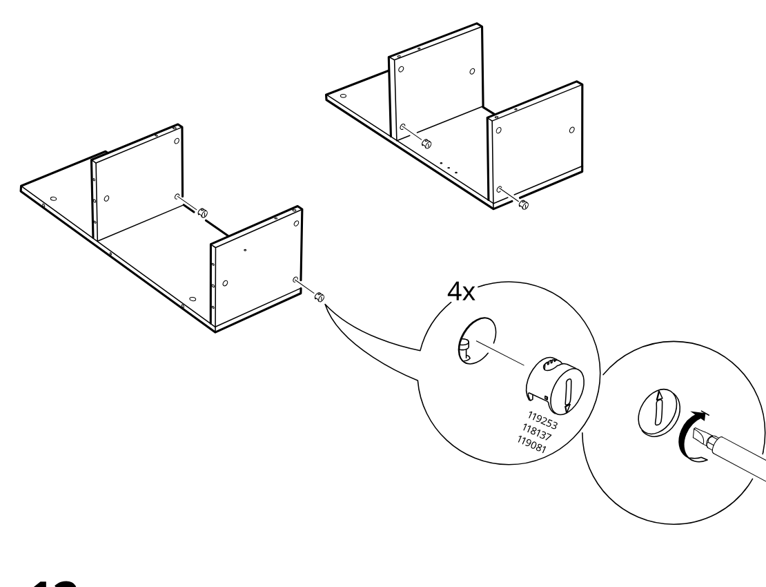 Diagram for step 11: Two side panels are positioned onto the base panel and four cam locks are inserted and tightened as shown in the zoom callouts.