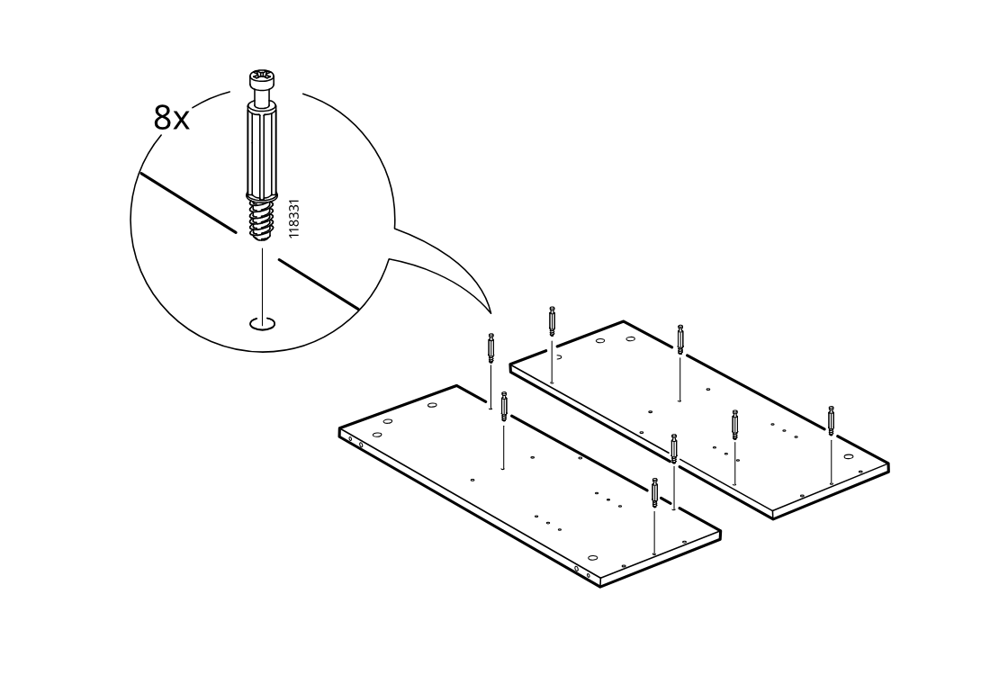 Diagram for step 12: Eight screws are installed into the indicated holes across the two large panels, with the screw type shown in the zoom inset.