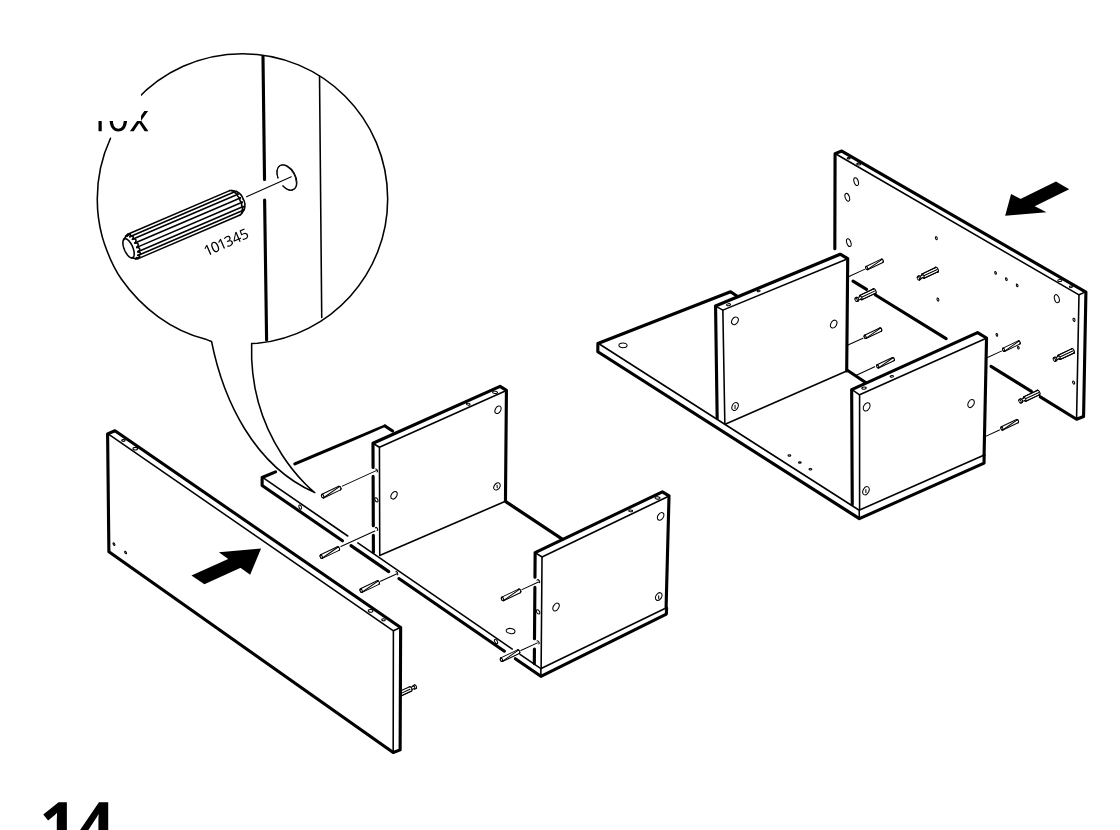 Diagram for step 13: Insert ten dowels into the side and divider panels, then slide on the outer side panels from both left and right as shown.