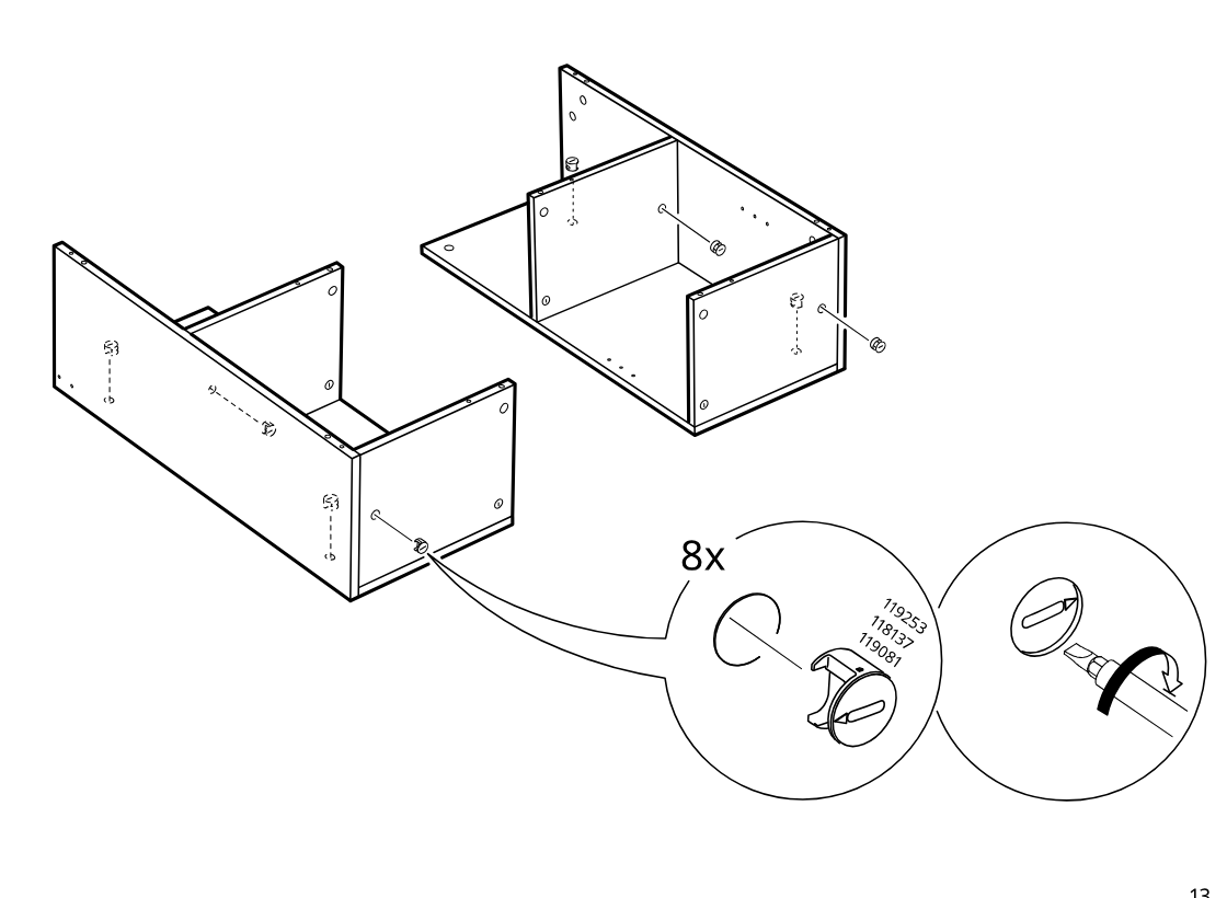 Diagram for step 14: Install and turn eight cam locks into the predrilled holes to secure the joined panels.