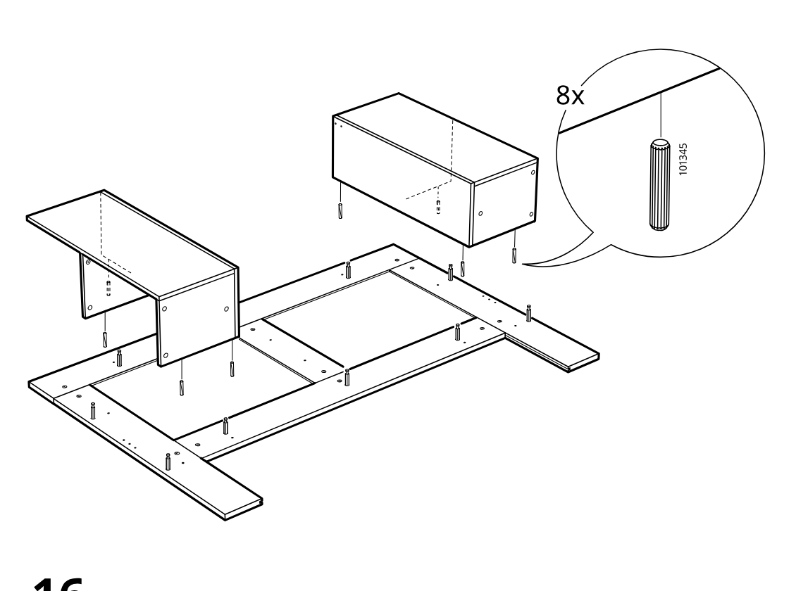 Diagram for step 15: The side assemblies are positioned onto the base panels and eight dowels (101345) are inserted as indicated in the zoom callout.