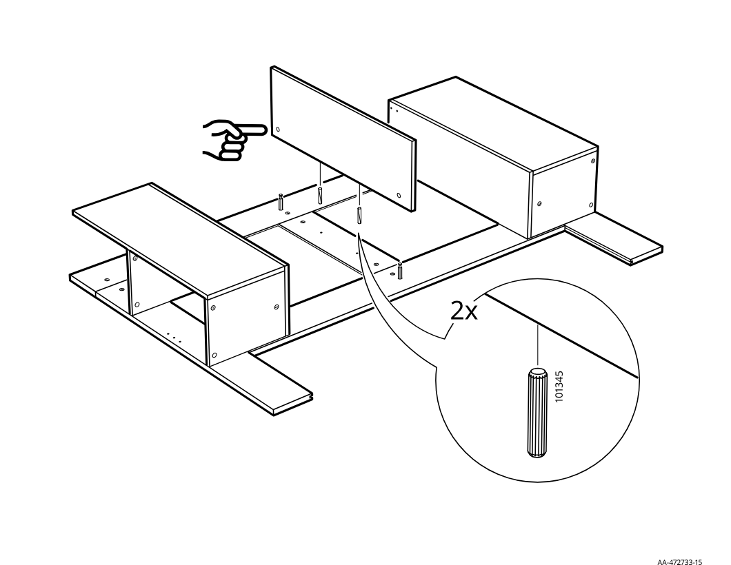 Diagram for step 16: A central vertical panel is aligned and lowered onto the dowels between the two side assemblies, with two additional dowels (101345) highlighted in the zoom callout.